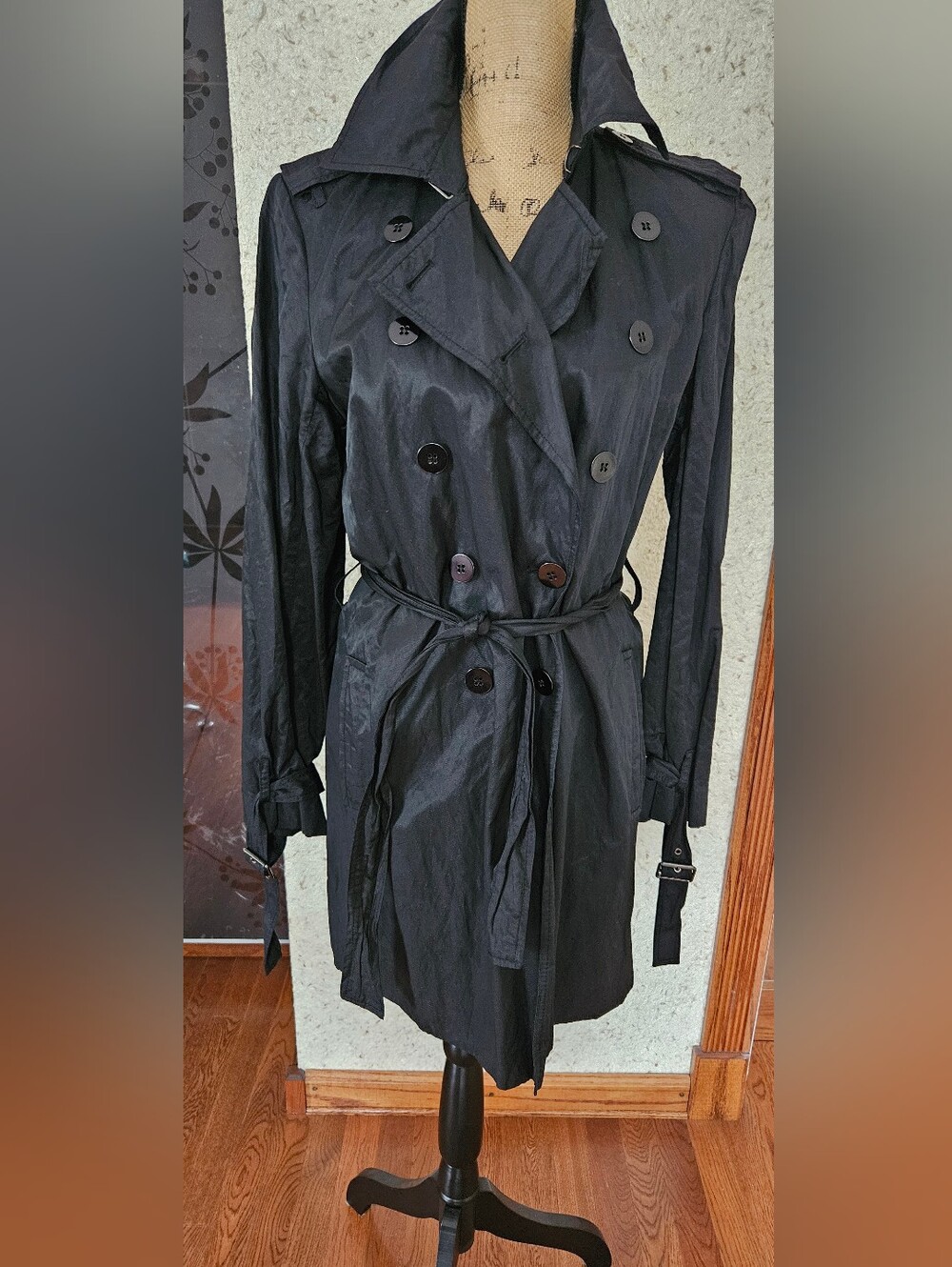 Kenneth Cole Black Double-Breasted Trench Coat with Waist Tie